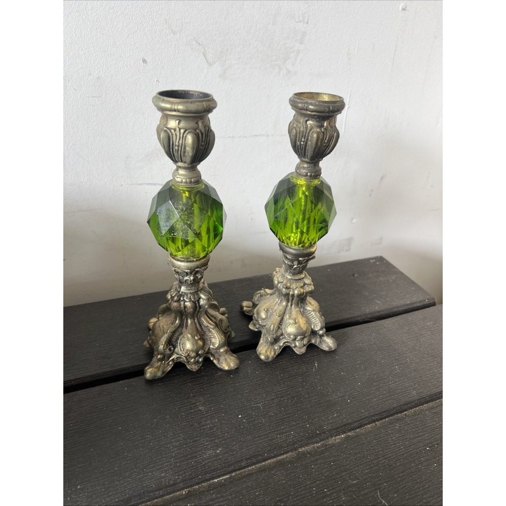 Set of 2 Regency Hollywood Candlestick Holders Metal with Green Lucite